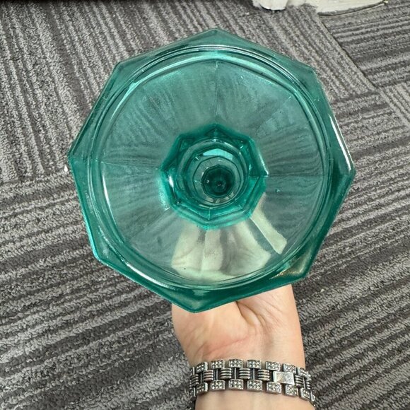Vintage Teal Turquoise Glass Candlestick Holder | Coastal Beach Vibe | Taper - Picture 4 of 5